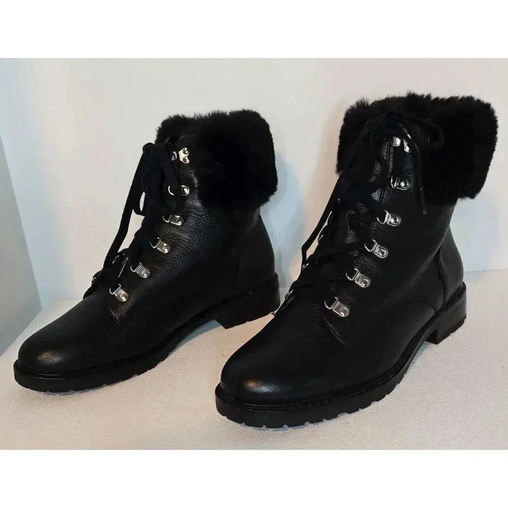WOMEN'S LAUREN RALPH LAUREN LEATHER TIE ANKLE BOOTS LANESCOT FAUX FUR BLACK 10 B - Picture 4 of 12